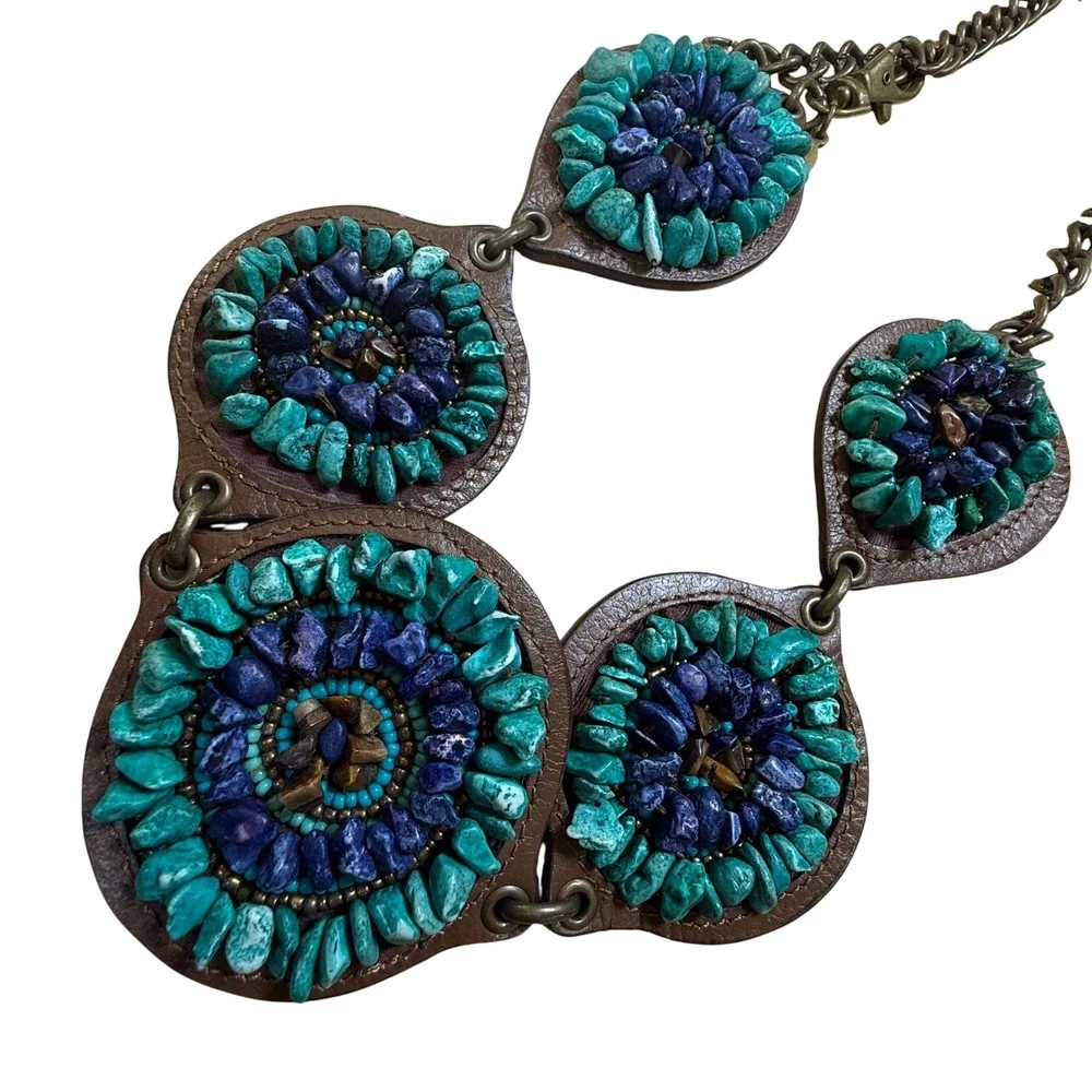 Chico's Stone Medallion Chain Belt Turquoise Purple Boho Western Statement - Picture 2 of 15